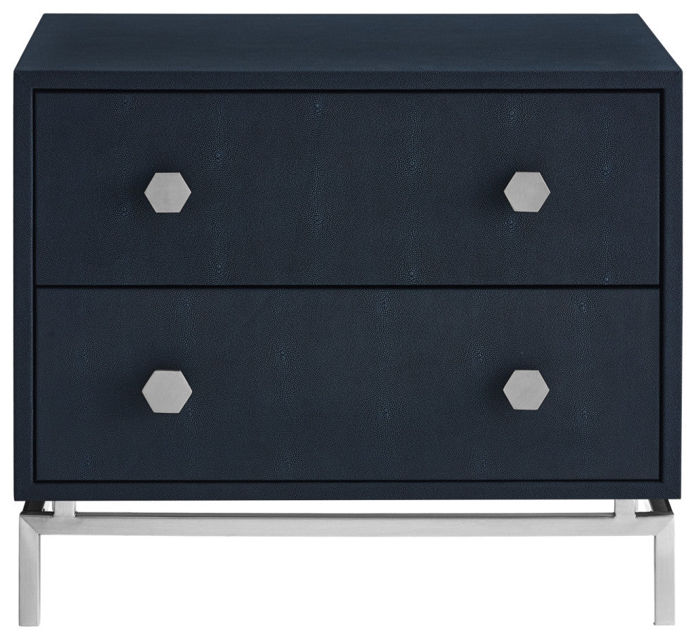 Nicole Miller Aharon Side Table, 2 Drawers, Faux Shagreen, Navy/Chrome