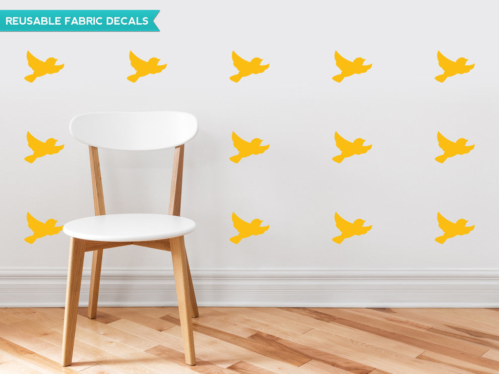 Birds Fabric Wall Decals, Set of 16 Birds, Yellow Orange