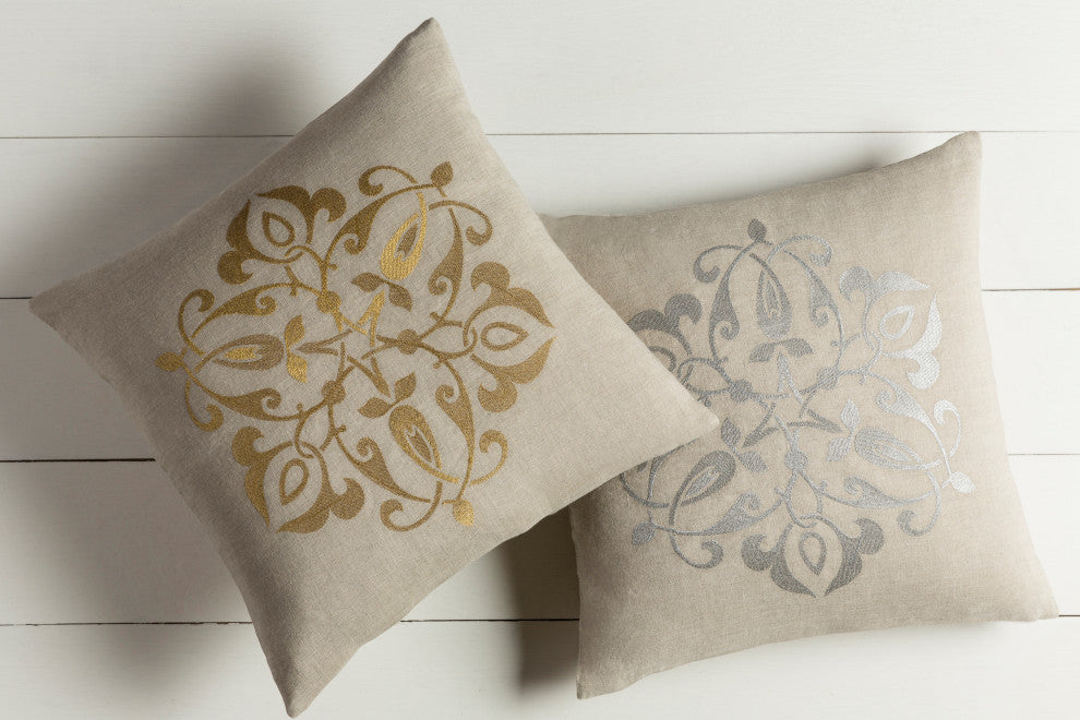 Surya Ravati RV-002 22"x22" Pillow Cover, Metallic/Gold/Light Gray