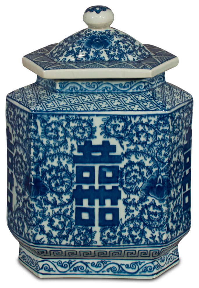 Blue and White Porcelain Tea Jar Double Happiness Motif