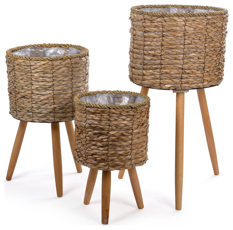 Decorative Cattail Planter Set With Wooden Legs, 3-Piece Set, Natural