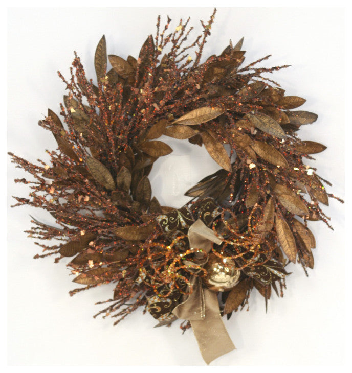 Glittered Brown and Gold Bay Leaf Wreath with Glass Ornaments