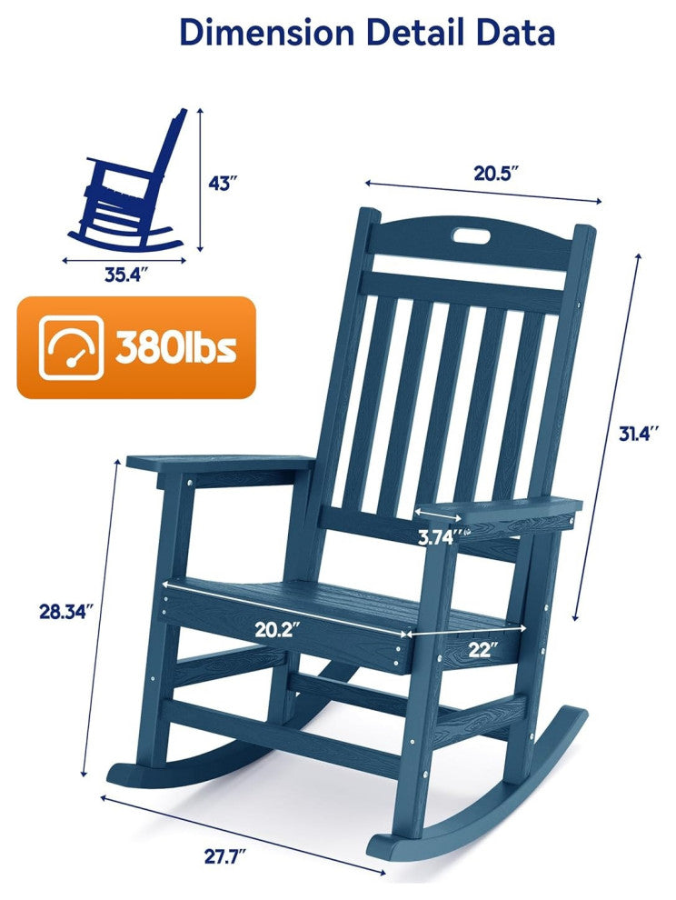 Weatherproof Outdoor Rocking Chair With High Back and Wood Look Finish, Navy Blue