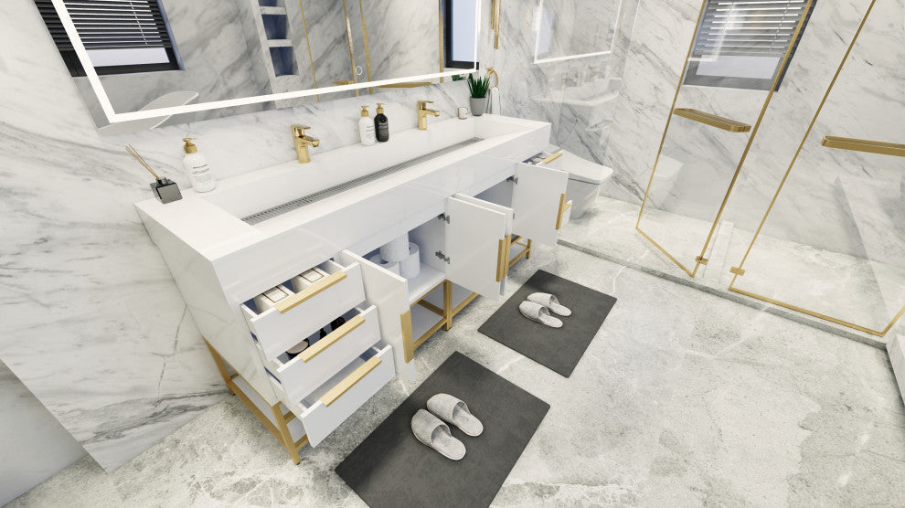 Madison 84" Free Standing Double Sink Vanity with Reinforced Acrylic Sink, High Gloss White