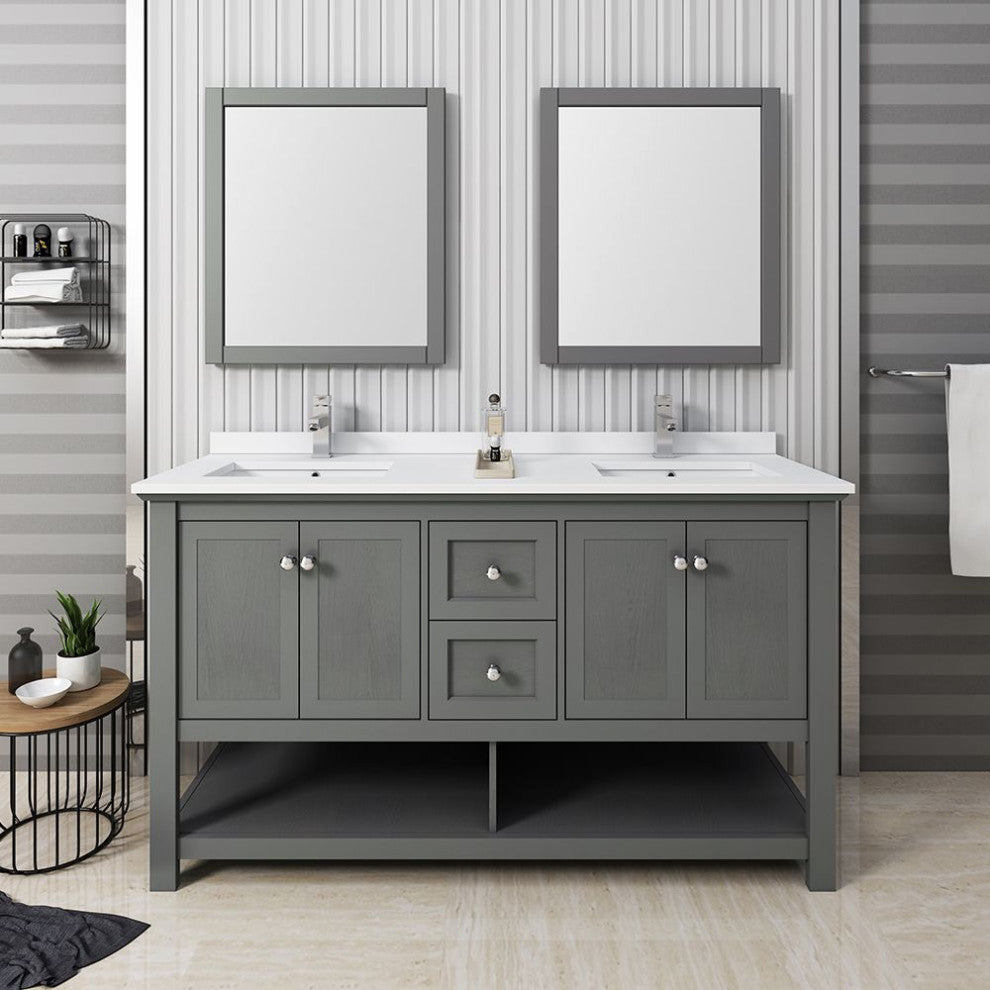 Manchester Regal 60" Gray Wood Veneer Double Sink Vanity Set, Faucet-Fft3111ch