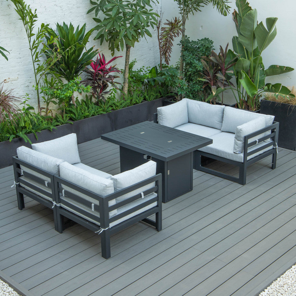 Chelsea 5-Piece Sectional Loveseat and Fire Pit Table Set, Light Grey