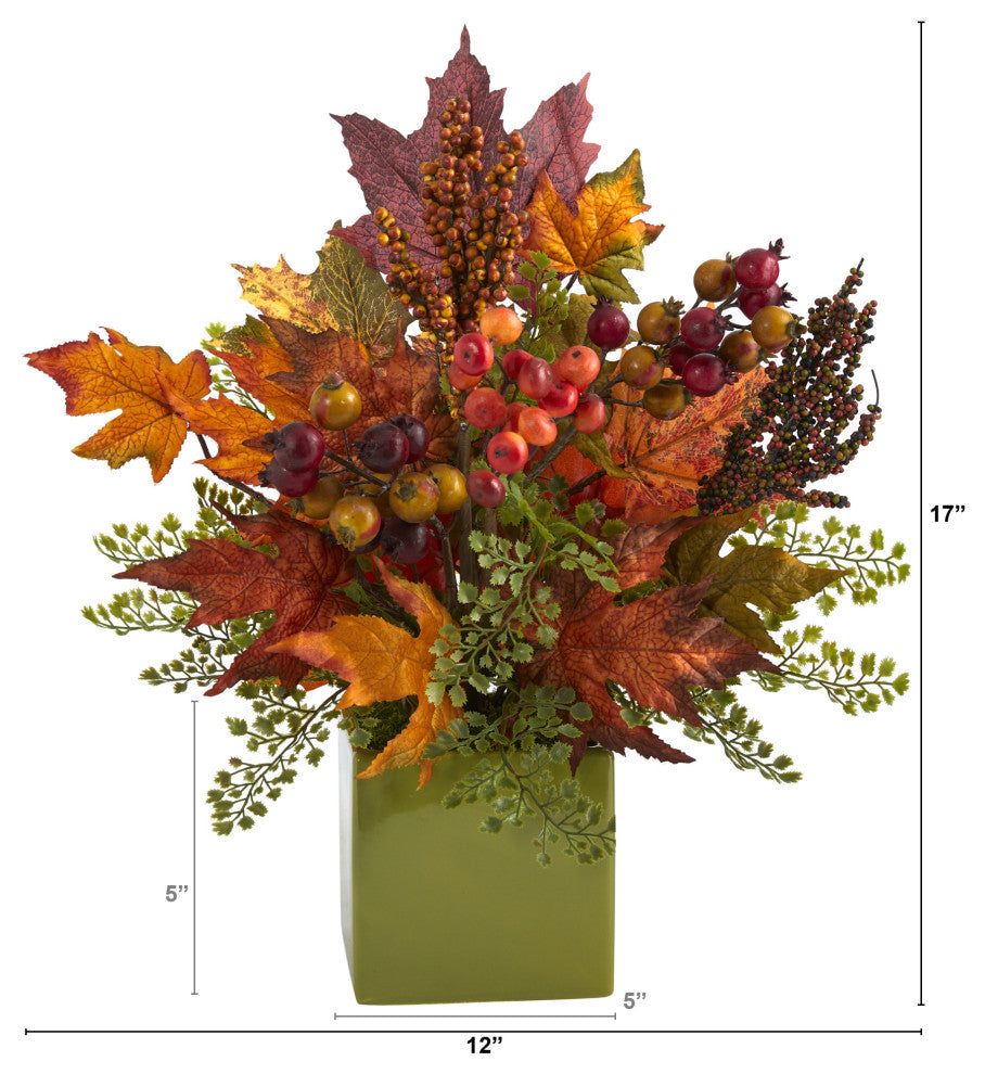 17" Maple Leaf, Berries and Maiden Hair Artificial Arrangement, Green Vase