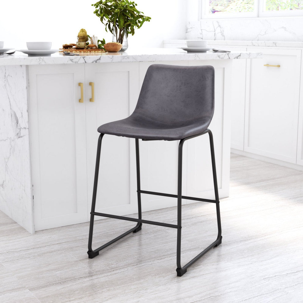 Counter Chair, Set of 2, Faux Vinyl Leather, Charcoal, Gray, Black, Industrial