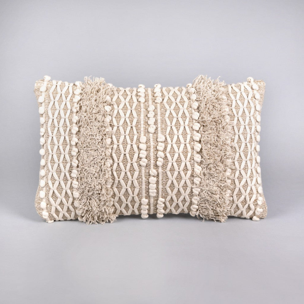 Boho Nubby Beige and White Lumbar Throw Pillow