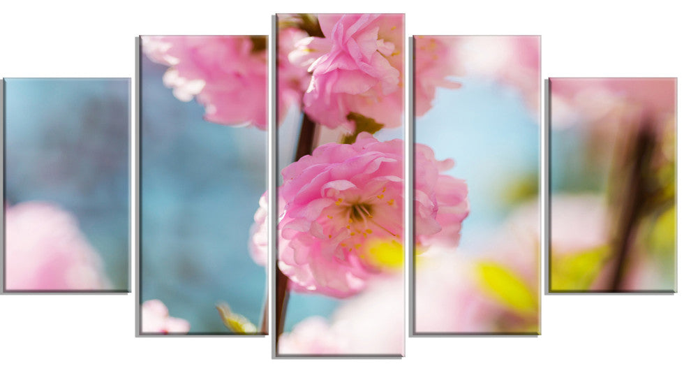 Almond Tree Pink Flowers, Large Flower Canvas Wall Art, 60"x32", 5 Panels