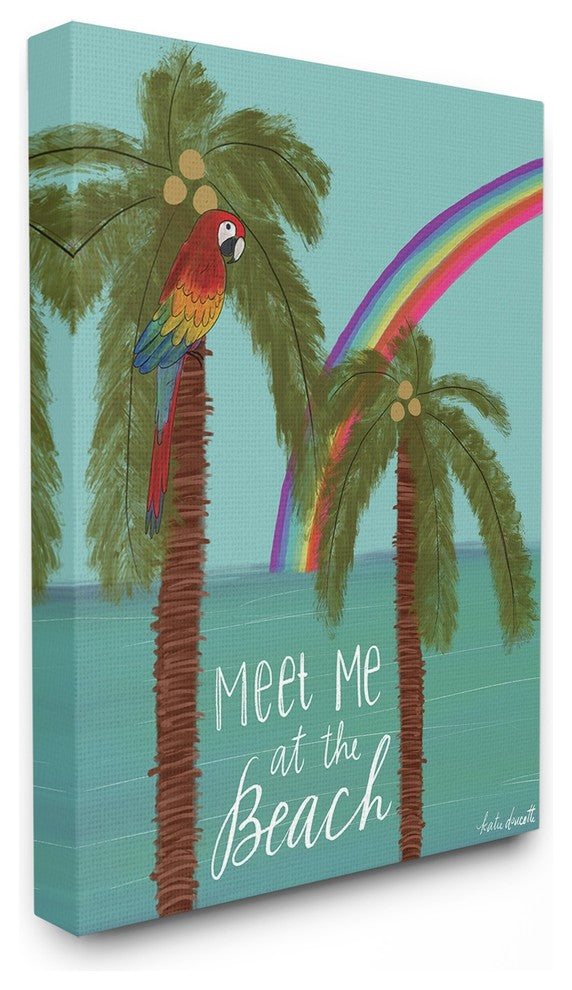 Meet Me At The Beach With Palms Tropical Rainbow Parrot Canvas Art, 16"x20"