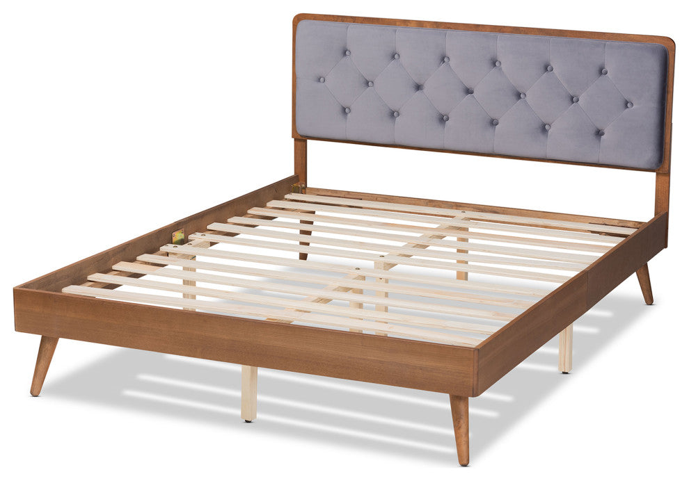Janine Modern Velvet Fabric Upholstered Platform Bed, Gray, King