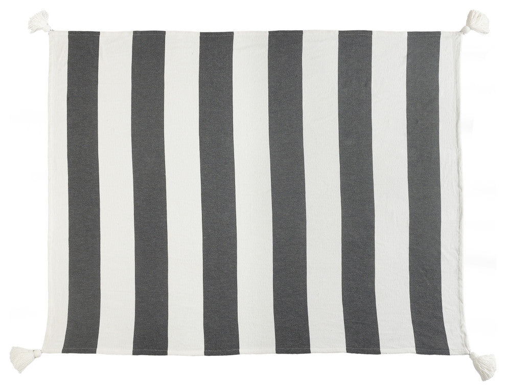 Charcoal Gray Cabana Striped Throw Blanket with Tassels