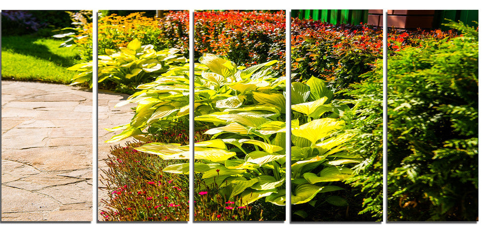 Modern Green Garden Design, Landscape Canvas Art Print, 60"x28", 5 Panels