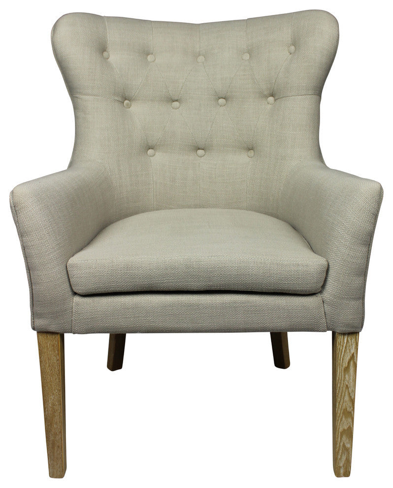 Ashton Armchair Upholstered in Beige Fabric with Button Tufting and Wooden Legs