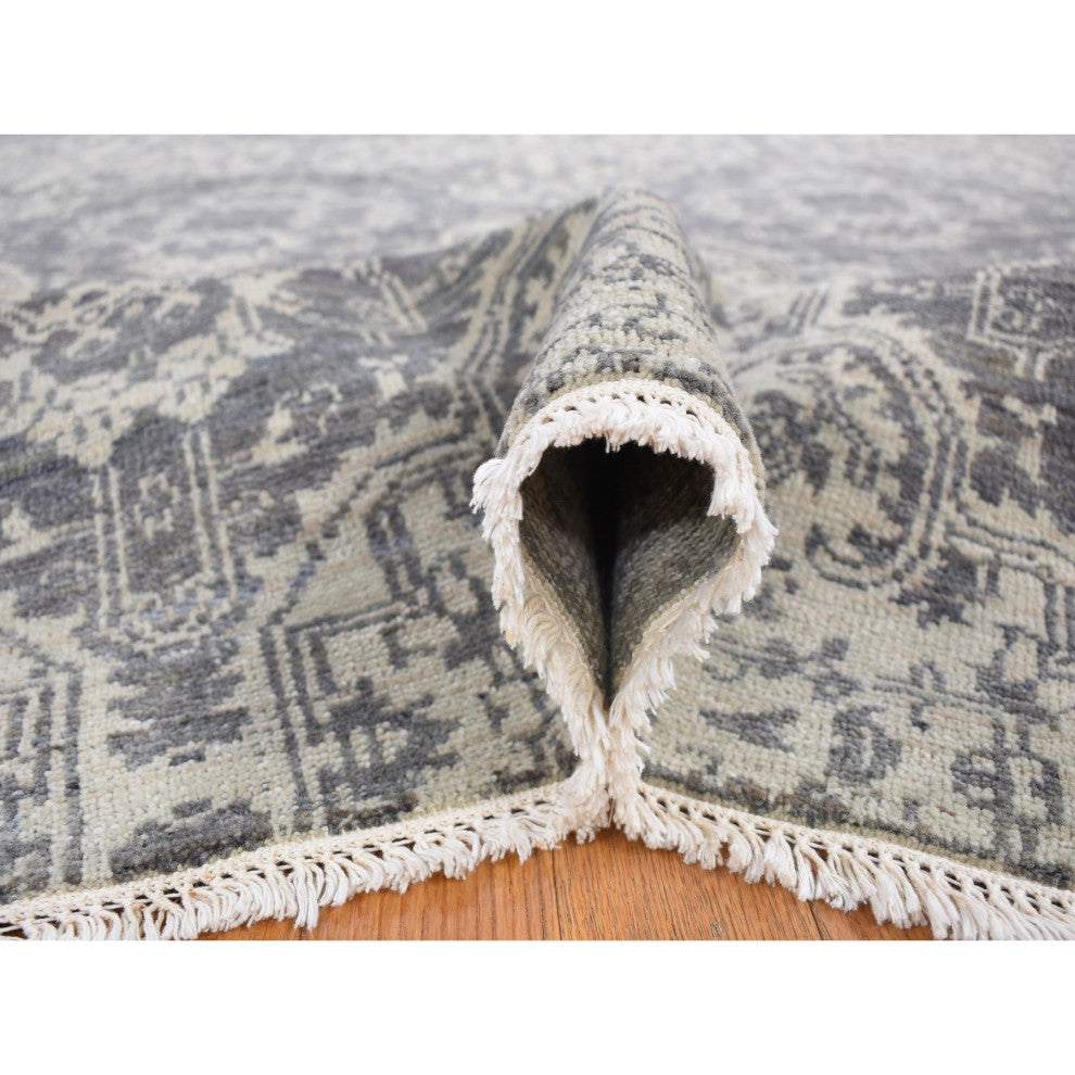 Ivory Hand Knotted Wool and Silk Geometric Mughal Design Oriental Rug, 7'9"x10'