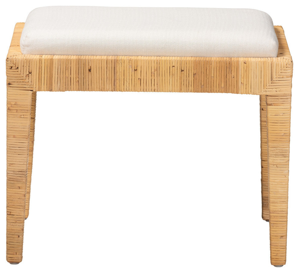 Sofia Modern Bohemian Natural Brown Rattan and Mahogany Wood Ottoman