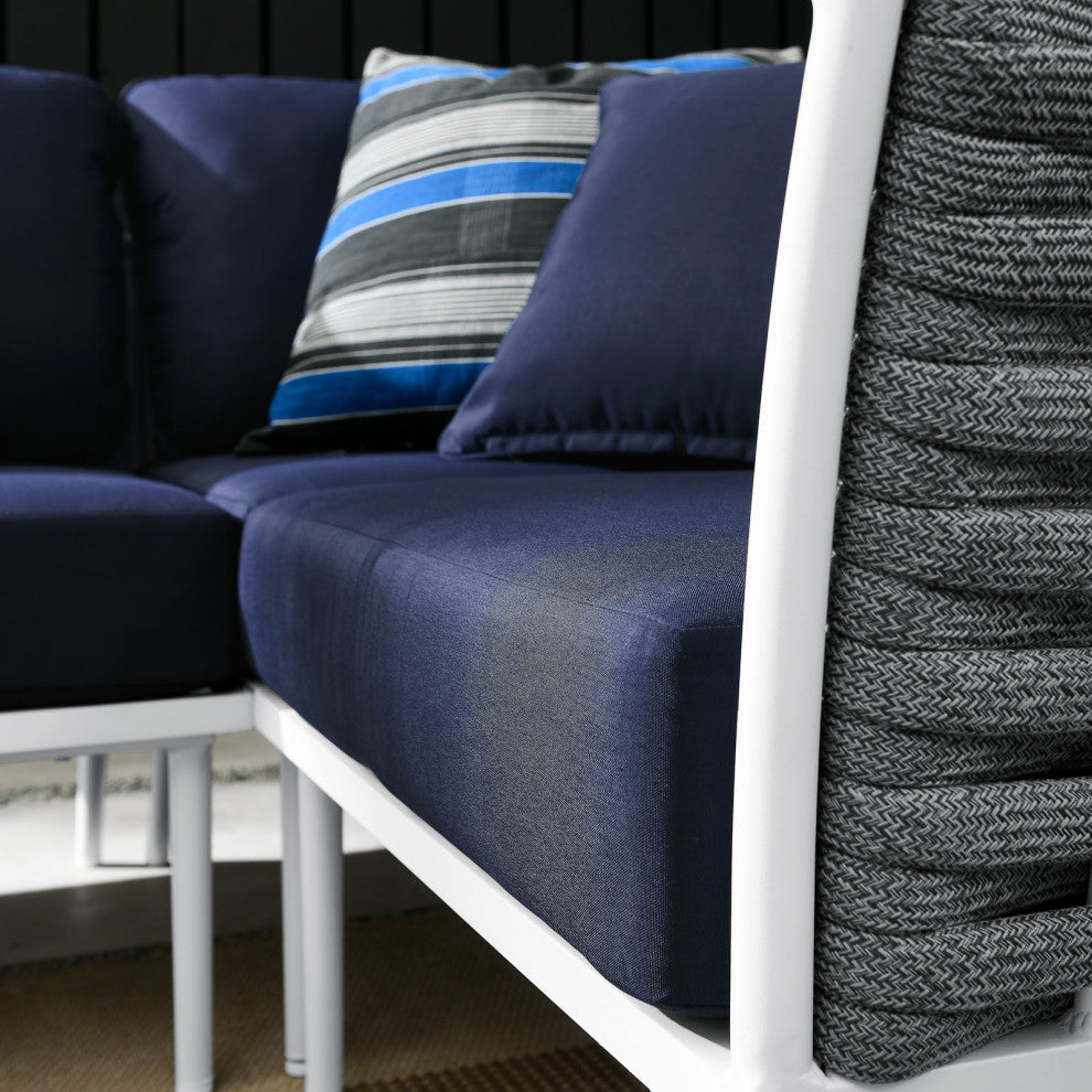 Lounge Sectional Sofa Chair Set, Navy White, Aluminum, Modern, Outdoor Patio