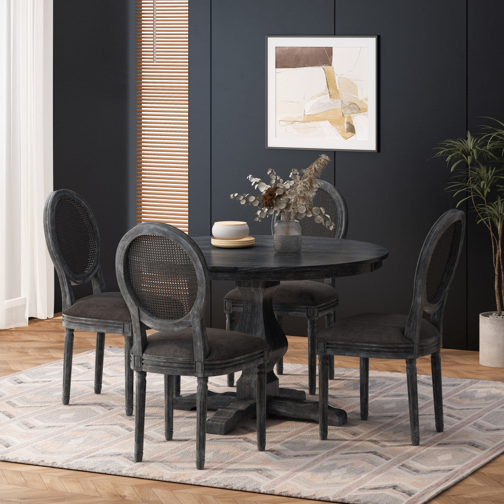 Mores French Country Upholstered Wood and Rattan 5-Piece Circular Dining Set, Gray, Fabric