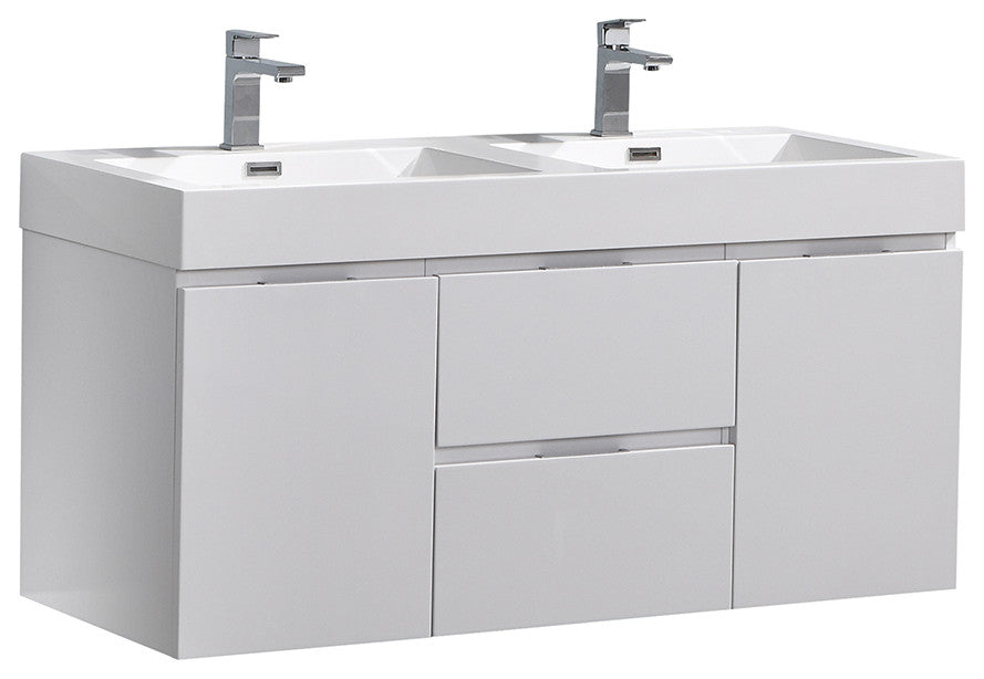 Valencia Wall Hung Double Sink Bathroom Vanity, Glossy White, 48"
