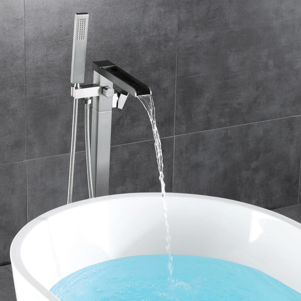 Waterfall Floor Mounted Tub Faucet With Hand Held Shower, Brushed Nickel