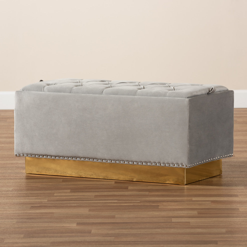 Glam and Luxe Grey Velvet Fabric Upholstered and Gold PU Leather Storage Ottoman