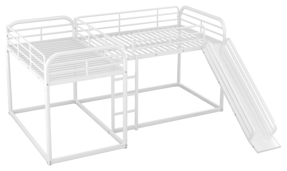 Gewnee Full and Twin Size L-Shaped Bunk Bed with Slide and Short Ladder in White