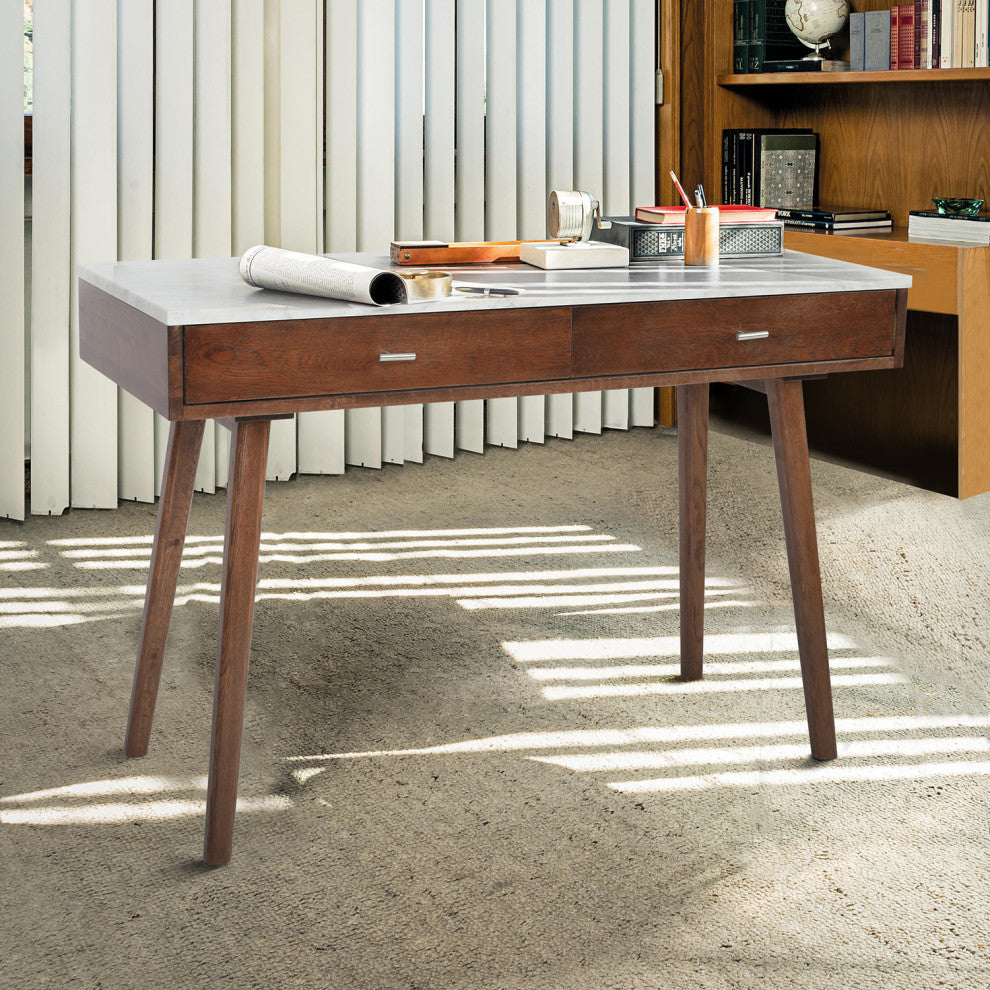 Viola 44" Rectangular Italian Carrara White Marble Writing Desk, Walnut, 15"