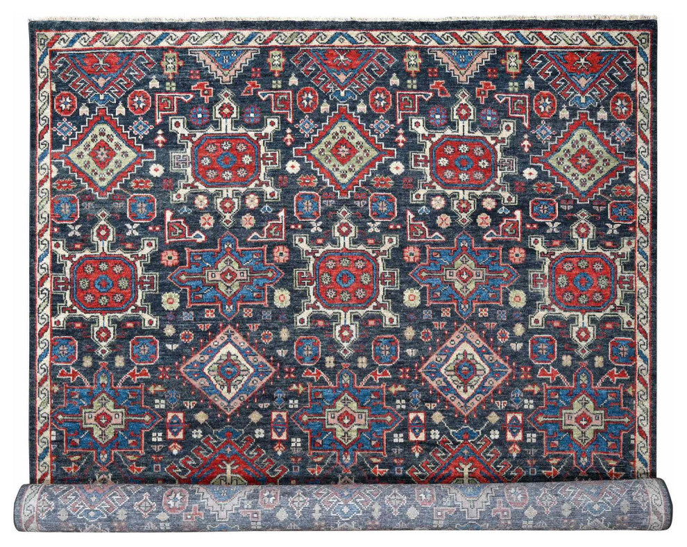 Charcoal Black Geometric Design Pure Wool Hand Knotted Oversized Rug 12'x14'10"