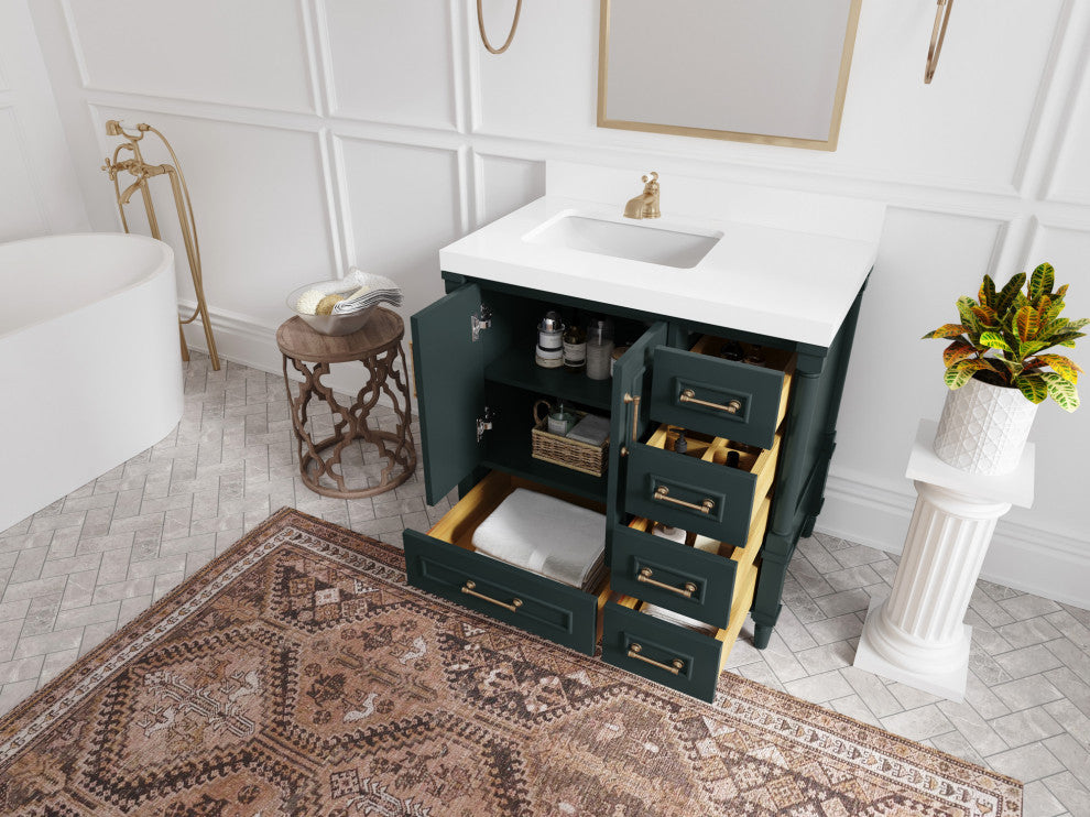 Aberdeen 36 Left Offset Bath Vanity in Dark Forest Green 2" Carrara Quartz