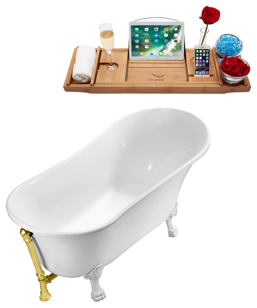 59" Soaking Clawfoot Tub With External Drain, White/Gold