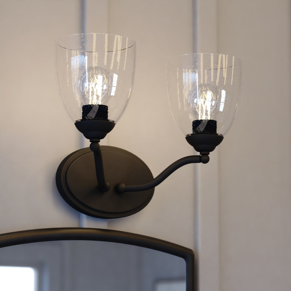 Bellwood 13.5" 2-Light Traditional Nickel Bathroom Vanity Fixture, Glass Shade, Matte Black, 2-Light