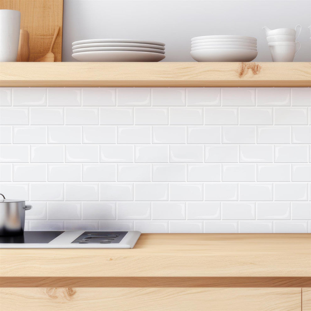Pure White Glossy Subway Metro Classic Brick 3D Tile Sticker, 12"x6", Set of 20