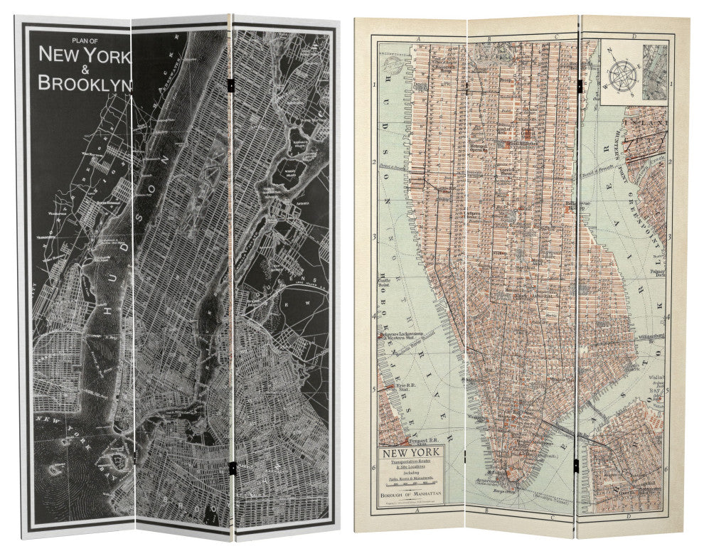 6'' Tall Double Sided Map of New York Canvas Room Divider