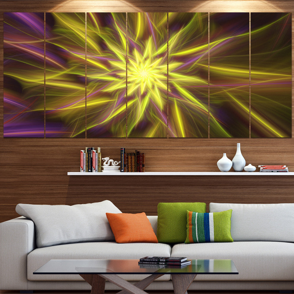 Shining Golden Exotic Fractal Flower, Floral Canvas Art Print, 83"x32", 7 Panels