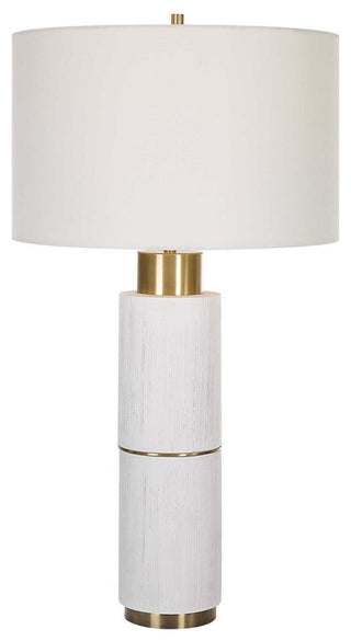 Textured White Faux Wood Column Table Lamp Cylinder Brass Gold MidCentury Modern