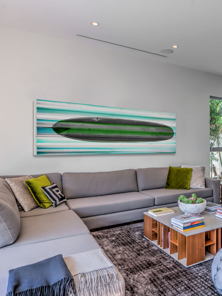 "Surf Board" Print on White Wood, 60"x20"