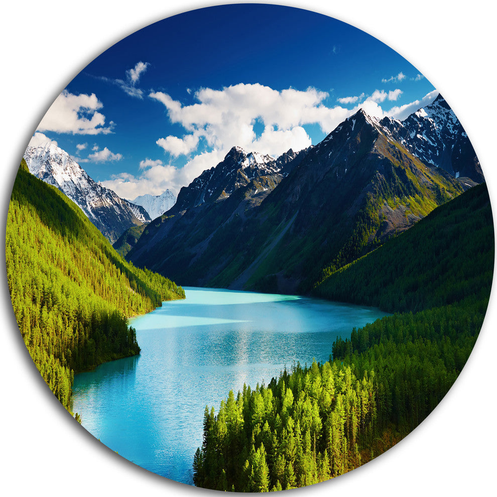 Mountain Lake In Dark Shade, Landscape Photo Round Metal Wall Art, 23"