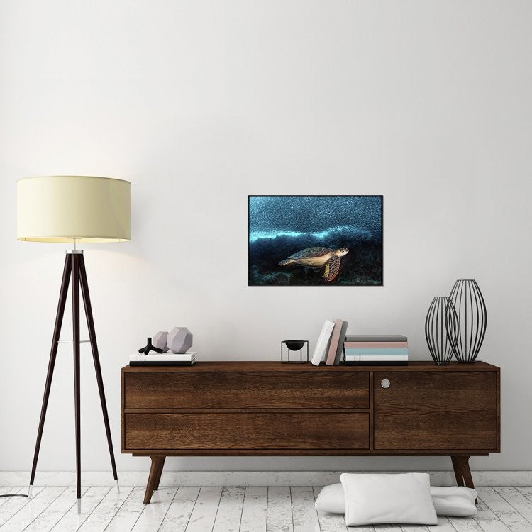 "Turtle And Sardines" Framed Canvas Giclee by Henry Jager, 31x21"