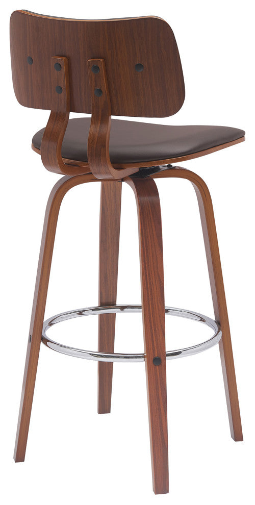 Pico 26" Swivel Walnut Wood Counter Stool, Brown Faux Leather With Chrome, 30