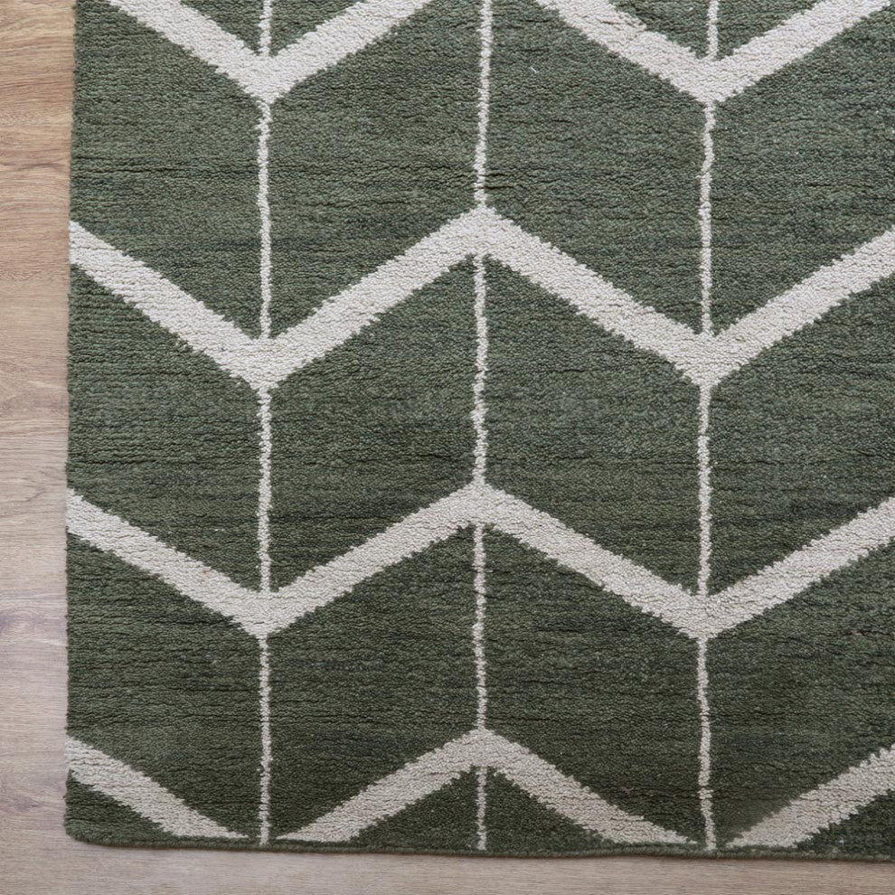 Hand Knotted Wool Area Rug Geometric Green Beige