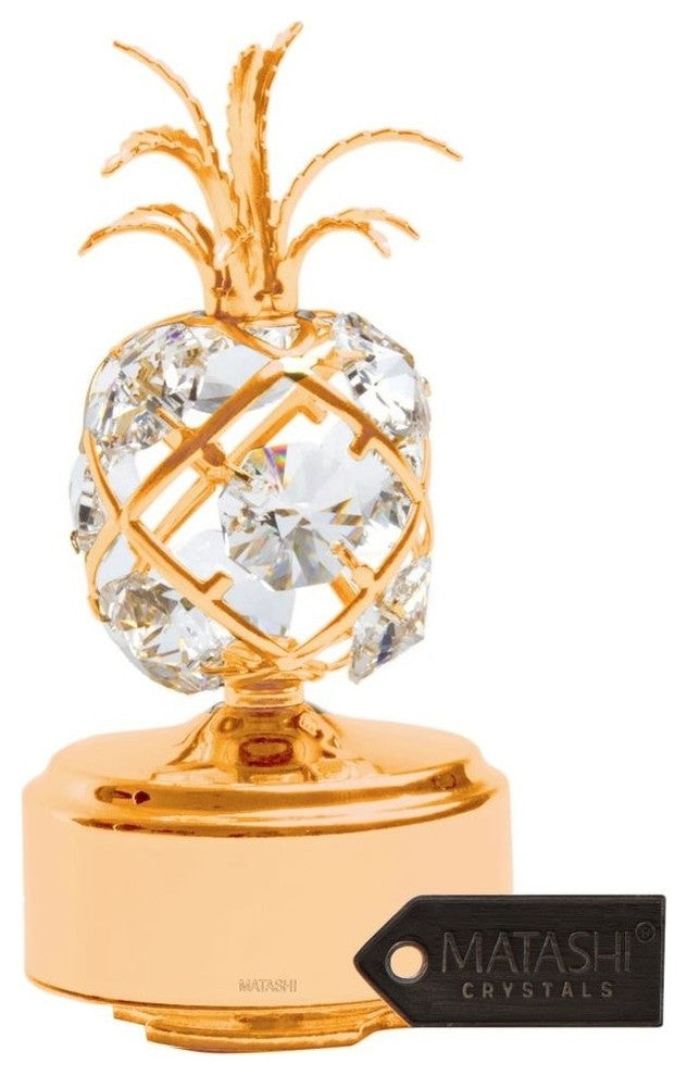 24K Gold Plated Music Box with Crystal Studded Pineapple Figurine by Matashi