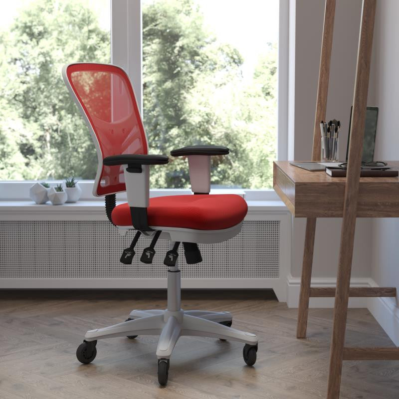 Nicholas Mid-Back Multifunction Ergonomic Office Chair-Red Mesh/White Frame