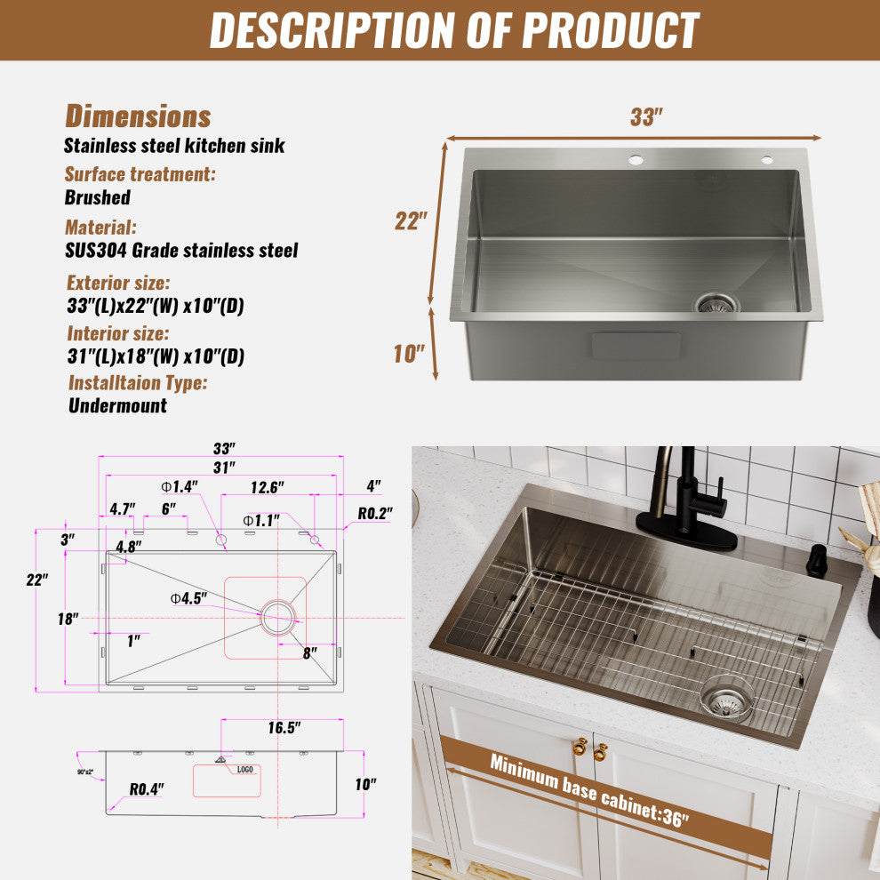 Drop-In Stainless Steel 33-inch 1-Hole Single Bowl Kitchen Sink in Brushed