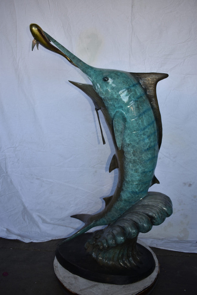 Marlin Fish Catching A Small Fish, Action Bronze Statue Size: 28" x 16" x 50
