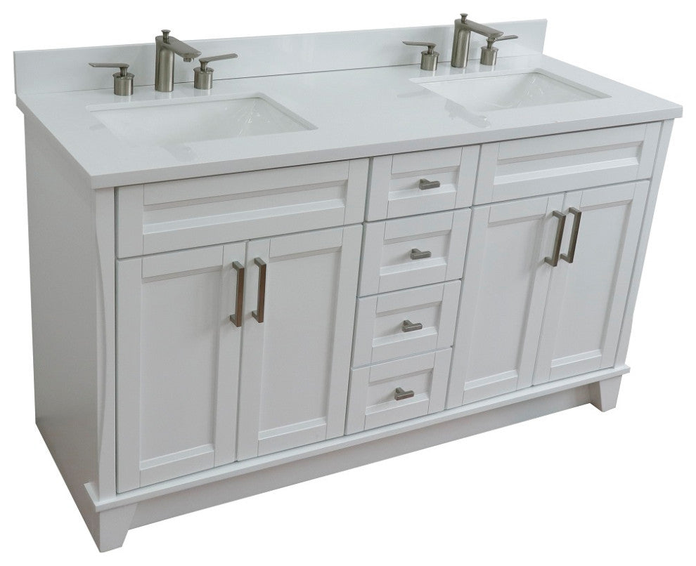 61" Double Sink Vanity, White Finish And Engineered Stone Top And Rectangle Sink