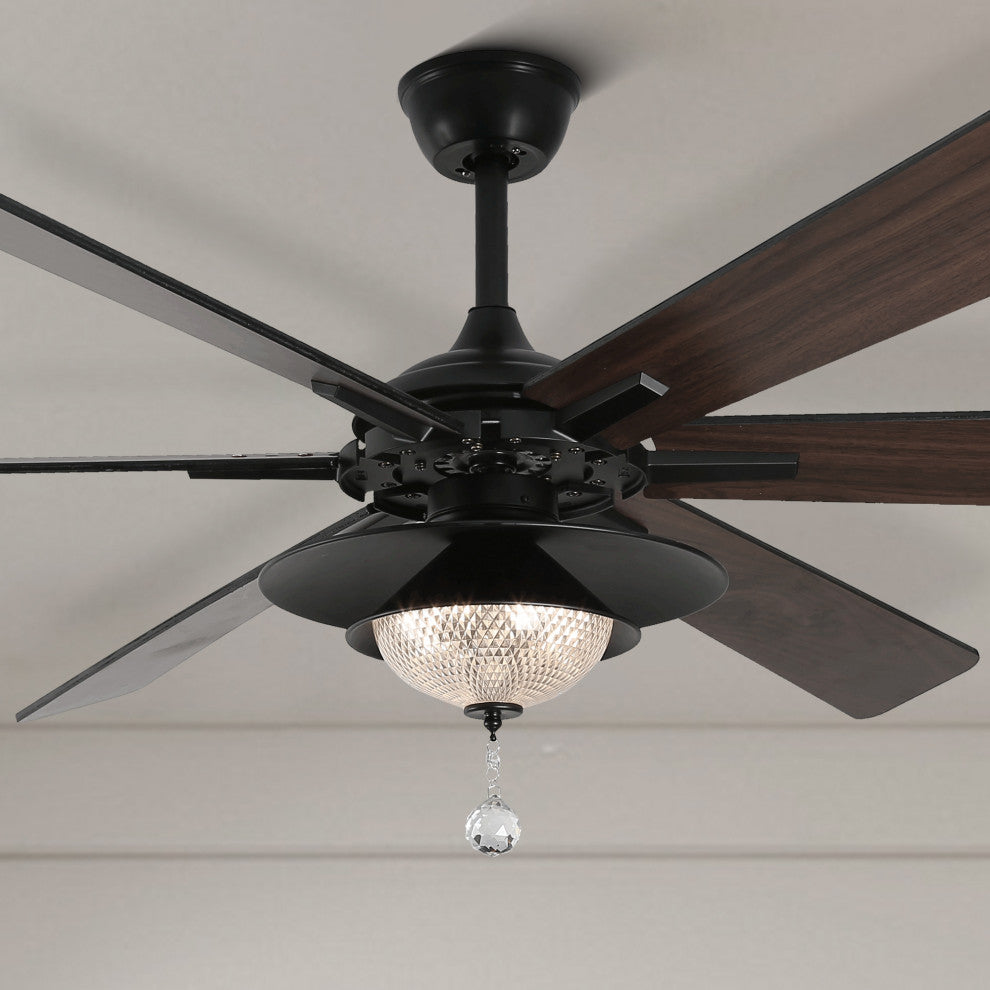 72" Antique Lagre Ceiling Fan, Wood Blades and LED Lights Kit w Crystal Shade, Gold