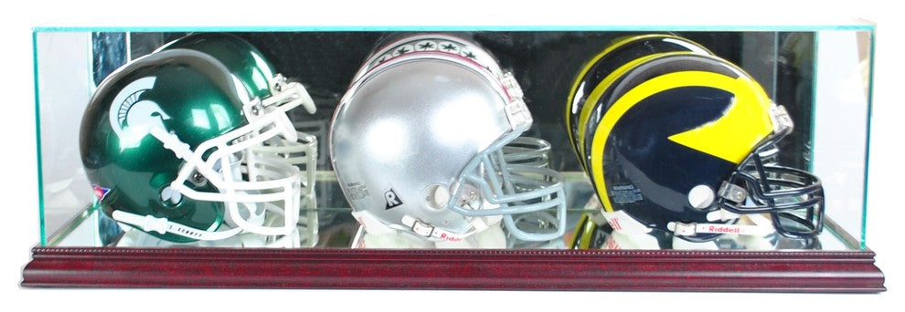 Triple Mini Football Helmet Display Case, Cherry