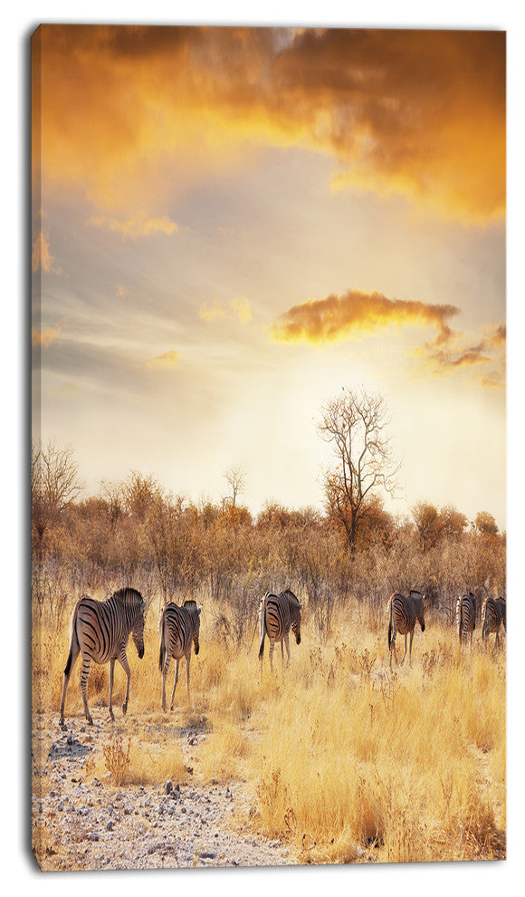 African Zebras Walking in Row, African Landscape Canvas Art Print, 16"x32"
