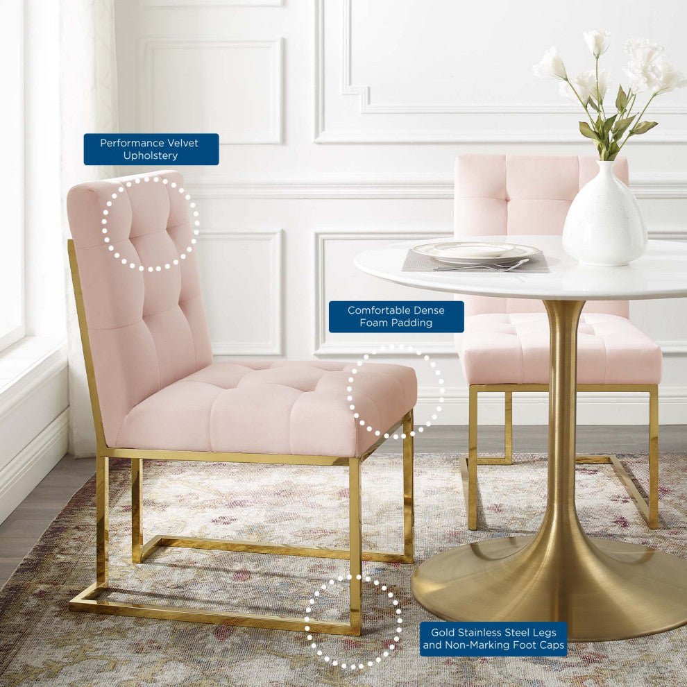 Side Dining Chair, Velvet, Metal, Gold Pink, Modern, Cafe Bistro Restaurant